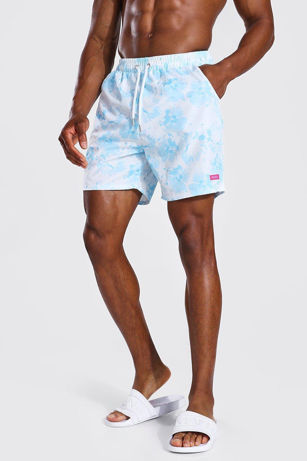 Mens Blue Mid Length Floral Swim Short, Blue